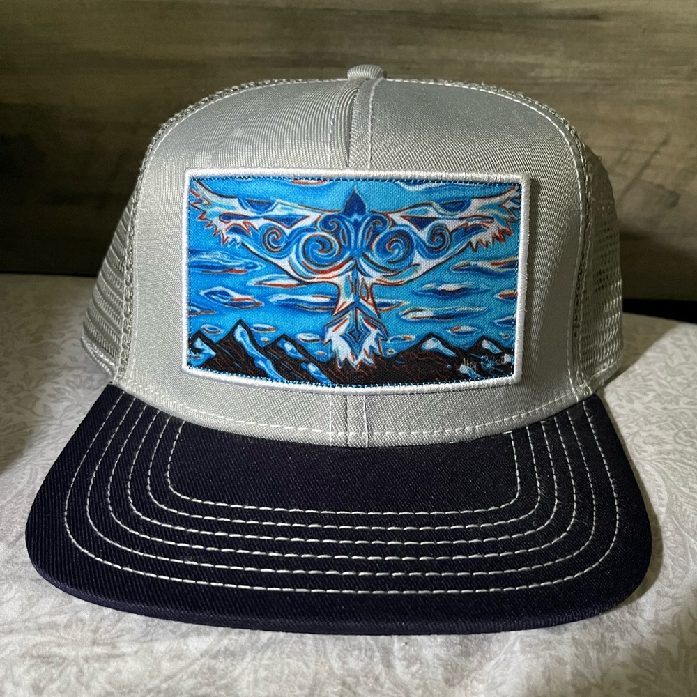 Trucker Hat Gray with blue design